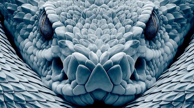 Stylized symmetrical close-up of a blue snake head with detailed scales