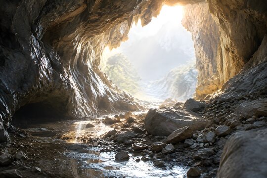 Cave entrance glowing with pale daylight over wet limestone threshold and loose scree on the floor
