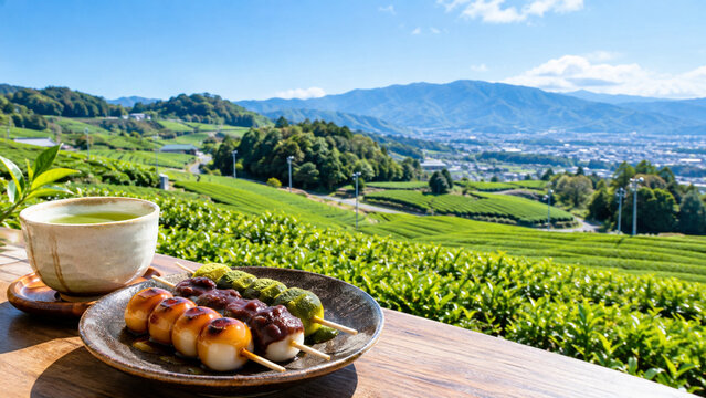 Beautiful green tea plantation hills in Japan with traditional dango and green tea, generative AI