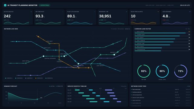 Ai transit planning monitor dashboard with live network map, corridor load factor, demand forecast event feed, for smart city mobility 4k data analytics