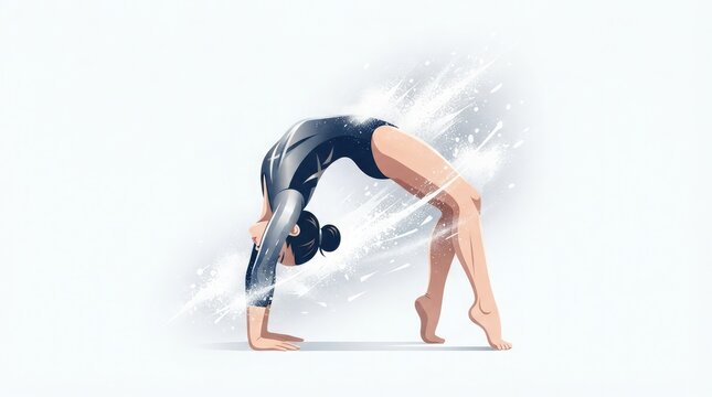 Graceful female athlete performing a flexible backbend gymnastic pose with dynamic motion effects against a clean white background