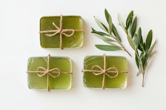 Three green soaps with olive branches
