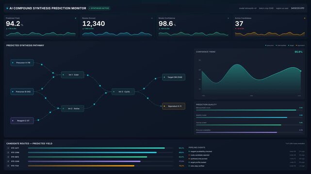 Ai compound synthesis prediction dashboard in 4k with pathway nodes, confidence trend graph candidate route yield bars, for lab analytics, data review, research