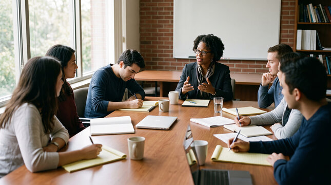 Diverse group of students in a classroom setting engaged in a discussion with their professor