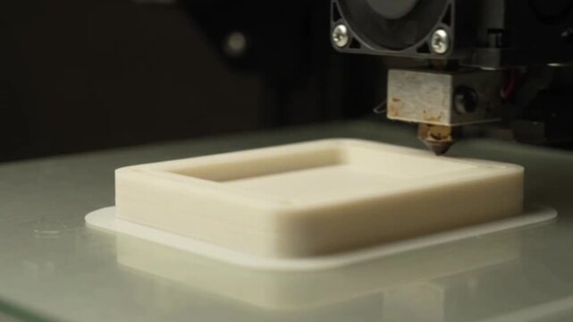 Automated three-dimensional printer nozzle precisely extruding molten white polymer filament onto a heated glass print bed to create an industrial prototype model component in modern technological lab