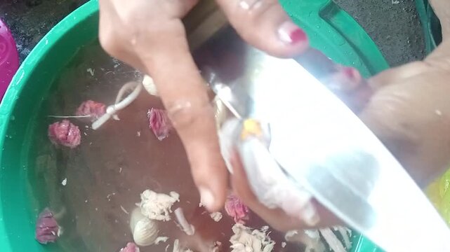 Close up of a person hands cleaning raw chicken liver under running tap water in the kitchen sink.