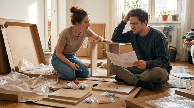Couple struggling to assemble flat pack furniture with confusing instructions in a living room