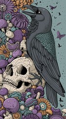 Fototapeta premium Intricate line art drawing of a black raven sitting on a human skull among whimsical mushrooms and flowers in a cool purple and teal color palette for fantasy gothic concept art.