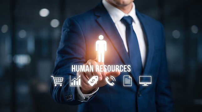 Businessman touching virtual human resources icon screen with glowing interface