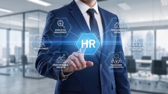 Corporate manager touching virtual human resources screen inside modern office