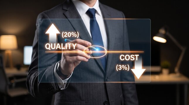 Businessman improving quality and decreasing production cost with digital strategy