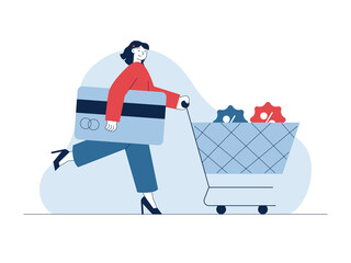 A woman running while holding a large blue credit card and pushing a shopping cart with percent discount tags inside. Modern payment illustrations. Flat vector concepts. © roundsquid