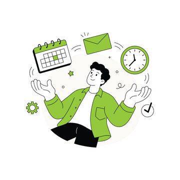 Man juggling calendar, email and clock, time management and multitasking vector illustration