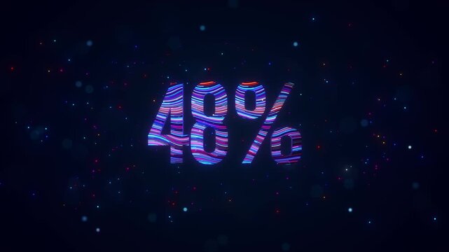 3D animation of futuristic 48 percent typography featuring rotating colorful blue and purple flowing lines, glowing particles, luminous bokeh, and vibrant digital energy against dark background.