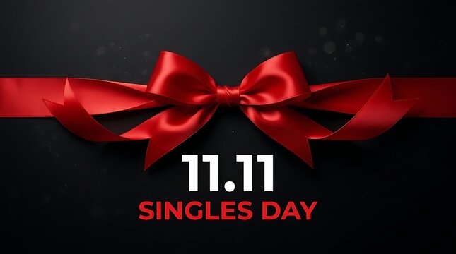 Singles Day 11.11 Global Shopping Festival Banner with Luxury Red Ribbon on Elegant Black Background