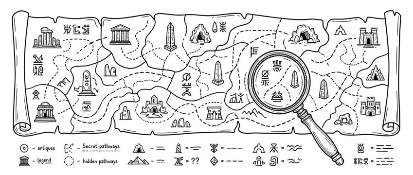 Ancient Treasure Map with Magnifying Glass, Isolated