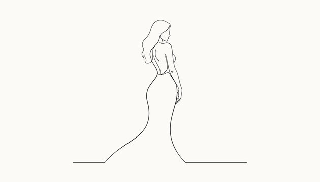 Elegant continuous line art illustration depicts the back profile of a graceful woman in a backless dress, ideal for fashion design themes.