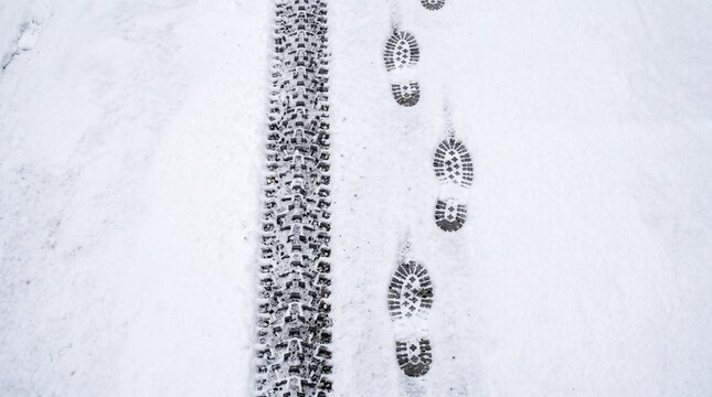 Footsteps and tire track in the fresh snow during winter season