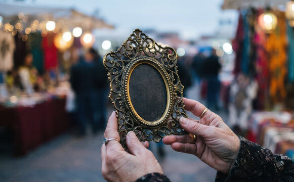 Elderly woman holding an ornate vintage picture frame at a bustling evening street market