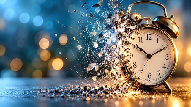Vintage twin bell alarm clock disintegrating into glowing light particles in the dark with passing time