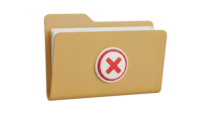 3D render of a file folder icon with a red cross error symbol isolated on a transparent background for digital document management systems
