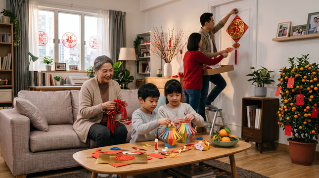Asian family decorates home with traditional ornaments for Lunar New Year celebration creating festive atmosphere