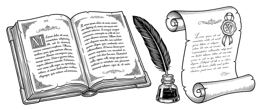 Vintage book, quill pen, inkwell, and scroll illustration