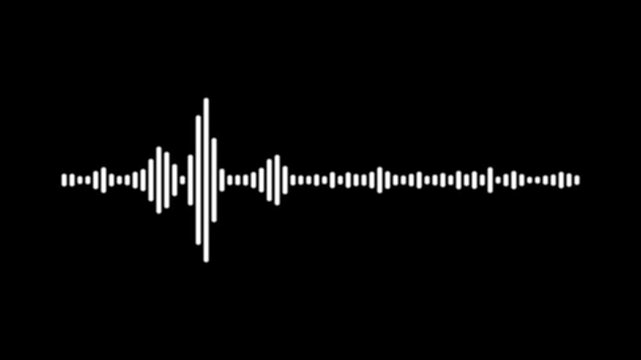 abstract music sound wave animation, white waveform spectrum, glowing audio equalizer lines, digital frequency visualization, pulsing rhythm waves, minimalist podcast graphics in 4k