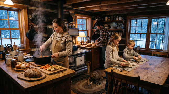 Family preparing a meal together in a cozy log cabin kitchen during winter evening