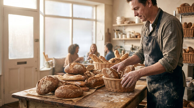 Baker arranging fresh artisan bread loaves in a rustic bakery with customers in the background