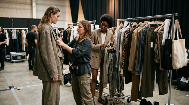 Fashion show backstage preparation with models and stylists adjusting outfits on a clothing rack