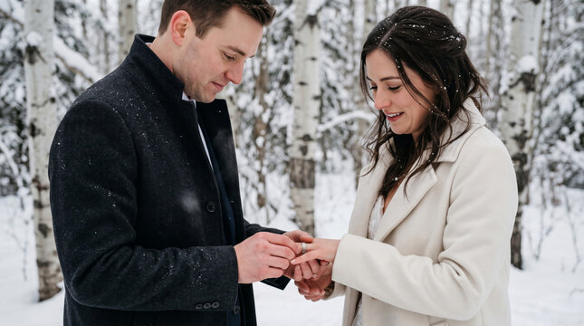 Couple exchanging wedding rings during a winter ceremony in a snowy forest with birch trees
