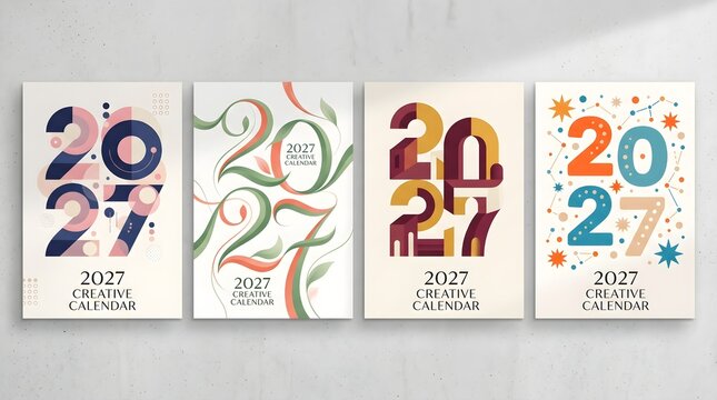 Set of four artistic 2027 calendar year cover designs with various graphic styles and colorful typography graphic design annual planner calendar