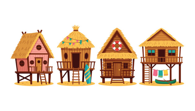 Tropical Beach Bungalow and Wooden Stilt Hut Vector Set Featuring Traditional Thatched Roof Cabins Surfboard Boat and Lifebuoy Decor Elements