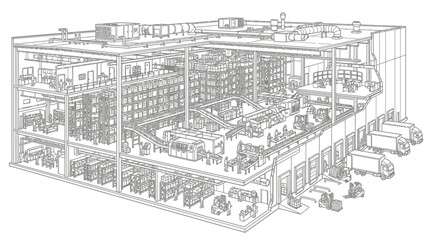 Obraz premium Detailed cutaway illustration of a high-rise office building showcasing interior workspaces, meeting rooms, and staircases for corporate architectural planning.