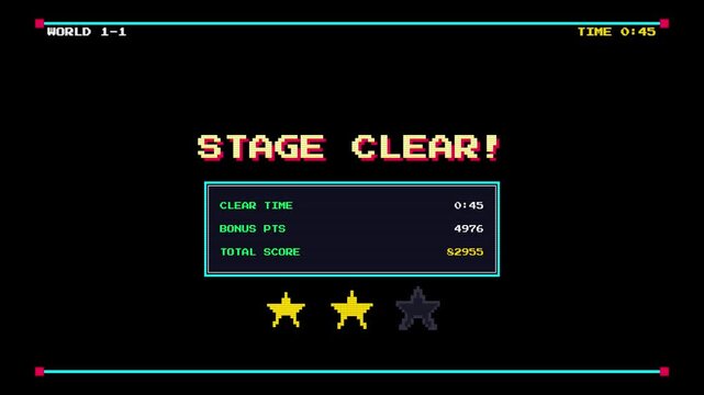 Retro pixel art game stage clear screen with score and stars