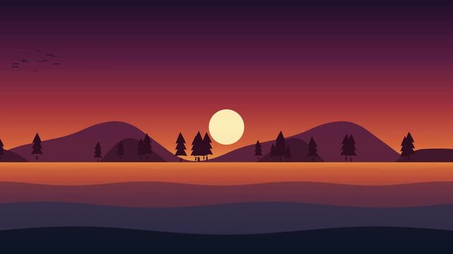 Repeating sunset landscape with mountain silhouettes and pine trees