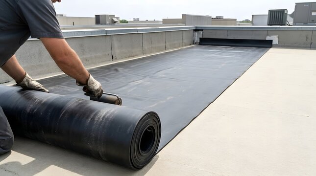 Rolling EPDM rubber roofing memb&hellip; captured in high resolution studio setting with soft natural ambient lighting clean composition generous copy space horizontal perspective for commercial advertising