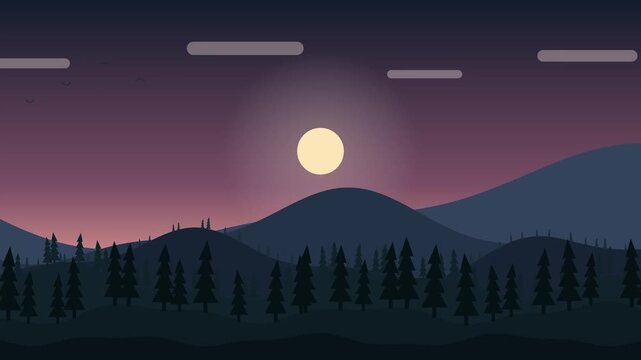 Flat night mountain landscape with pine trees and full moon
