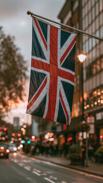 Vertical British flag hanging over urban street at sunset with glowing city lights and traffic