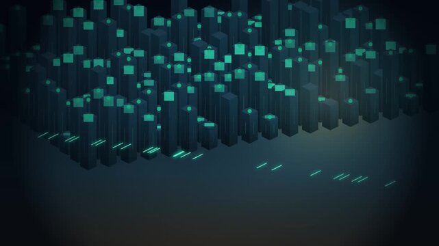Abstract digital data block animation featuring glowing green lights and tech city style.