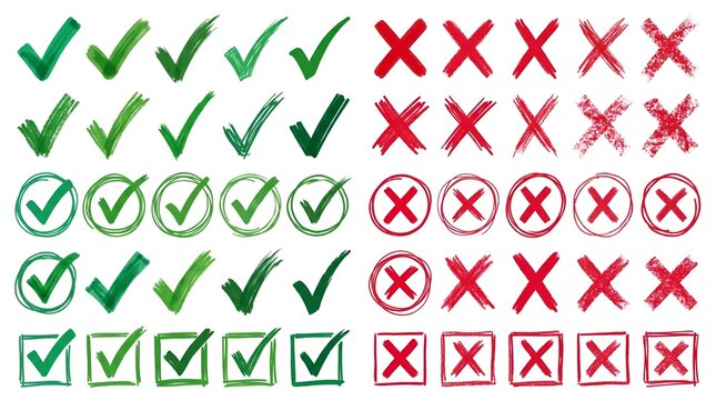 Green check marks and red cross icons set, hand drawn marker checkmarks, tick and wrong symbols on white background