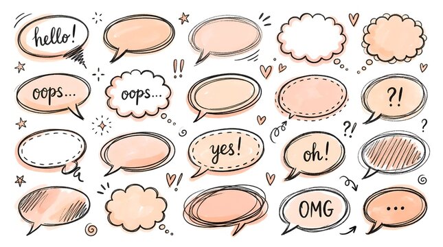 Doodle speech bubbles vector set, hand drawn dialog balloons collection, cute watercolor chat frames for messaging design