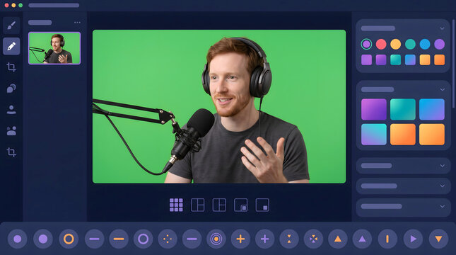 Dark blue live studio software with a large preview of a bearded man in headphones explaining something in front of a green screen, with side panels of backgrounds and clips.
