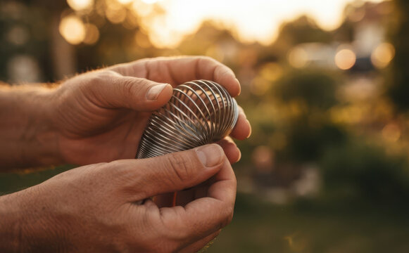 Adult male hands playing with a classic metal slinky toy outdoors during sunset light