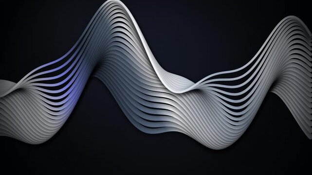 Abstract waves motion featuring metallic silver lines moving over dark black background.