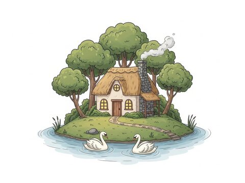 Charming cottage on a small island with swans