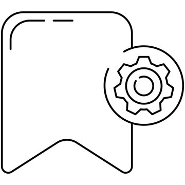 Line art style icon illustration of a bookmark ribbon with gear settings badge isolated on transparent background. Minimalist thin line element for bookmark setup UI.