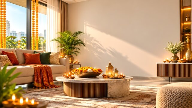 Modern Indian home interior decorated for Diwali