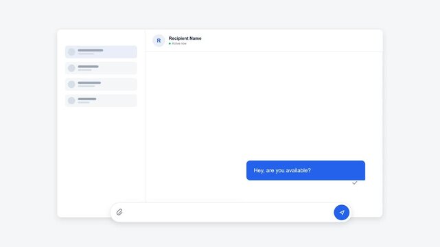 Clean 2D instant messaging interface animation showing a message being composed, sent, delivered, read, and followed by a recipient response. Modern product UI design suitable for messaging platforms,